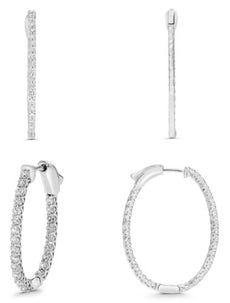 LARGE 2.0CT DIAMOND 14KT WHITE GOLD 3D INSIDE OUT HOOP OVAL FUN HANGING EARRINGS