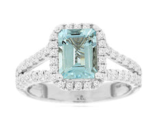 2.11CT DIAMOND & AAA AQUAMARINE 14KT WHITE GOLD 3D SQUARE HALO ENGAGEMNENT RING