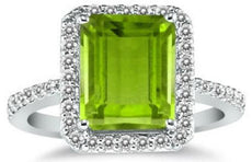 5.63CT DIAMOND & AAA PERIDOT 14K WHITE GOLD EMERALD CUT & ROUND ENGAGEMENT RING