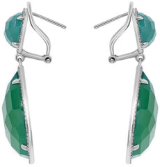 LARGE 31.47CT DIAMOND & AAA GREEN AGATE 14KT WHITE GOLD CLIP ON HANGING EARRINGS