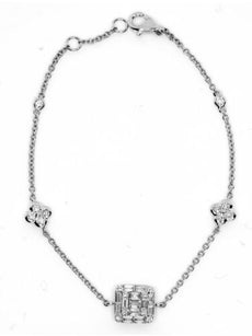 .66CT DIAMOND 18KT WHITE GOLD ROUND & BAGUETTE 4 LEAF CLOVER FLOWER FUN BRACELET