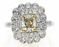 1.86CT WHITE & FANCY YELLOW DIAMOND 18KT 2 TONE GOLD 3D CUSHION ENGAGEMENT RING