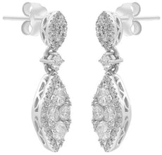 1.17CT DIAMOND 14K WHITE GOLD MARQUISE SHAPE FILIGREE TEAR DROP HANGING EARRINGS