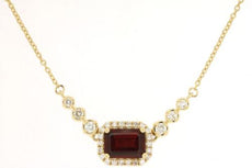 1.45CT DIAMOND & AAA GARNET 14K YELLOW GOLD 3D EMERALD CUT & ROUND HALO NECKLACE