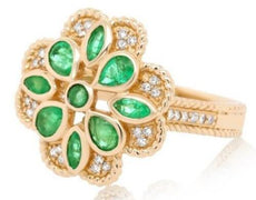 1.03CT DIAMOND & AAA EMERALD 14K YELLOW GOLD 3D ROUND PEAR SHAPE & MARQUISE RING