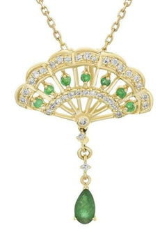.45CT DIAMOND & AAA EMERALD 14KT YELLOW GOLD 3D PEACOCK FAN FUN FLOATING PENDANT