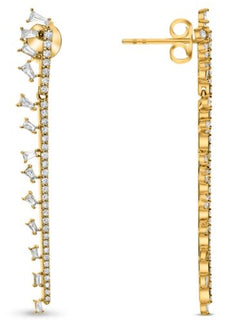 LARGE .98CT DIAMOND 14KT YELLOW GOLD 3D ROUND & BAGUETTE FUN CHANDELIER EARRINGS