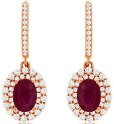 2.65CT DIAMOND & AAA RUBY 14K ROSE GOLD OVAL & ROUND DOUBLE HALO FLOWER EARRINGS