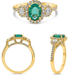 2.15CT DIAMOND & AAA EMERALD 18KT YELLOW GOLD 3D OVAL & ROUND 3 STONE HALO RING