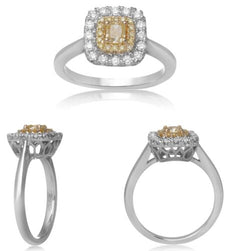.68CT WHITE & FANCY YELLOW DIAMOND 18KT TWO TONE GOLD ROUND & CUSHION HALO RING