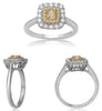 .68CT WHITE & FANCY YELLOW DIAMOND 18KT TWO TONE GOLD ROUND & CUSHION HALO RING
