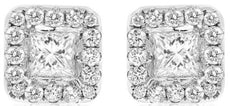 .98CT DIAMOND 14KT WHITE GOLD PRINCESS & ROUND SQUARE HALO CLASSIC STUD EARRINGS