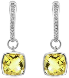 2.47CT DIAMOND & AAA LEMON QUARTZ 14K WHITE GOLD 3D CUSHION & ROUND FUN EARRINGS