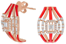 WIDE .76CT DIAMOND & RED ENAMEL 14KT ROSE GOLD 3D ROUND & BAGUETTE FUN EARRINGS