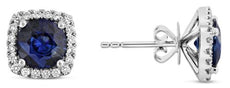 3.29CT DIAMOND & AAA SAPPHIRE 18KT WHITE GOLD 3D ROUND SQUARE HALO STUD EARRINGS