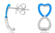 .19CT DIAMOND & BLUE ENAMEL 14KT WHITE GOLD DOUBLE HEART LOVE HANGING EARRINGS