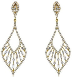1.22CT DIAMOND 14K WHITE GOLD 3D ROUND & BAGUETTE TEAR DROP FUN HANGING EARRINGS