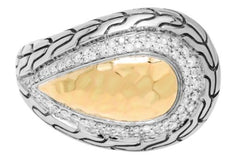 .39CT DIAMOND 18K YELLOW GOLD & 925 SILVER HANDCRAFTED TEAR DROP NUGGET FUN RING
