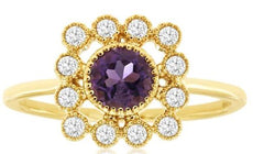 .64CT DIAMOND & AAA AMETHYST 14KT YELLOW GOLD ROUND FLOWER SQUARE FILIGREE RING