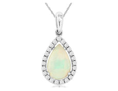 .89CT DIAMOND & AAA OPAL 14KT WHITE GOLD 3D PEAR SHAPE & ROUND FLOATING PENDANT
