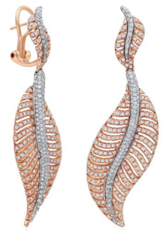 LARGE 3.80CT DIAMOND 18K WHITE & ROSE GOLD 3D ROUND DOUBLE LEAF CLIP ON EARRINGS