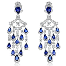 LARGE 10.84CT DIAMOND & AAA SAPPHIRE 18KT WHITE GOLD PEAR SHAPE HANGING EARRINGS