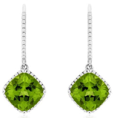 LARGE 4.31CT DIAMOND & AAA PERIDOT 14KT WHITE GOLD CUSHION HALO HANGING EARRINGS