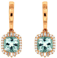 2.99CT DIAMOND & AAA AQUAMARINE 14K ROSE GOLD 3D CUSHION SQUARE HANGING EARRINGS