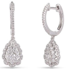 .72CT DIAMOND 14K WHITE GOLD ROUND CLUSTER TEAR DROP HUGGIE FUN HANGING EARRINGS