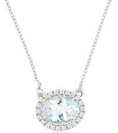 1.37CT DIAMOND & AAA AQUAMARINE 14KT WHITE GOLD OVAL & ROUND HALO LOVE NECKLACE