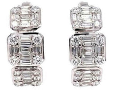LARGE 3.64CT DIAMOND 18KT WHITE GOLD 3D ROUND & BAGUETTE HOOP HANGING EARRINGS