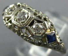 ANTIQUE .15CT OLD MINE DIAMOND & AAA SAPPHIRE 14KT WHITE GOLD 3D ART DECO RING