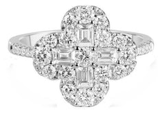 1.08CT DIAMOND 18KT WHITE GOLD ROUND & BAGUETTE 4 LEAF CLOVER FLOWER LOVE RING