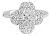 1.08CT DIAMOND 18KT WHITE GOLD ROUND & BAGUETTE 4 LEAF CLOVER FLOWER LOVE RING