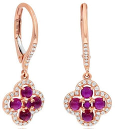 1.20CT DIAMOND & AAA RUBY 14KT ROSE GOLD FLOWER LERVERBACK FUN HANGING EARRINGS