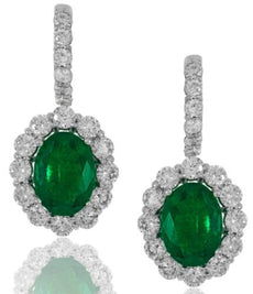 11.11CT DIAMOND & AAA EMERALD 18KT WHITE GOLD 3D OVAL & ROUND HANGING EARRINGS