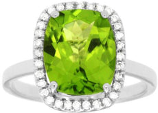 4.43CT DIAMOND AAA PERIDOT 14KT WHITE GOLD CUSHION & ROUND SQUARE HALO FUN RING