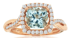 1.72CT DIAMOND & AAA AQUAMARINE 14KT ROSE GOLD 3D CUSHION & ROUND HALO LOVE RING