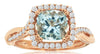 1.72CT DIAMOND & AAA AQUAMARINE 14KT ROSE GOLD 3D CUSHION & ROUND HALO LOVE RING