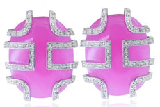 ESTATE .38CT DIAMOND & AAA PINK JADE 18KT WHITE GOLD 3D OVAL FUN EARRINGS