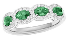 1.11CT DIAMOND & AAA EMERALD 18K WHITE GOLD OVAL & ROUND FLORAL ANNIVERSARY RING
