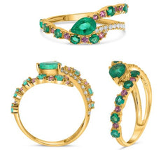 1.08CT DIAMOND & AAA EMERALD & PINK SAPPHIRE 14KT YELLOW GOLD 3D SNAKE FUN RING