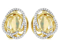 ESTATE 1.30CT DIAMOND & AAA OPAL 14KT YELLOW GOLD OVAL & ROUND HANGING EARRINGS