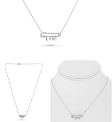 .06CT DIAMOND 14KT WHITE GOLD 3D CLASSIC SAFETY PIN FLOATING ADJUSTABLE NECKLACE