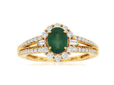 1.26CT DIAMOND & AAA EMERALD 14KT YELLOW GOLD 3D OVAL ROUND & BAGUETTE FUN RING
