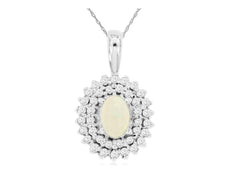 1.05CT DIAMOND & AAA OPAL 14K WHITE GOLD OVAL & ROUND DOUBLE HALO FLOWER PENDANT