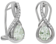 1.34CT DIAMOND & AAA GREEN AMETHYST 14KT WHITE GOLD ROUND & PEAR SHAPE EARRINGS