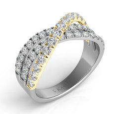 1.03CT DIAMOND 14KT WHITE & YELLOW GOLD 3D CLASSIC 3 ROW CRISS CROSS X LOVE RING