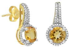 1.72CT DIAMOND & AAA CITRINE 14KT 2 TONE GOLD ROUND FLORAL FUN HANGING EARRINGS