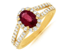 1.55CT DIAMOND & AAA RUBY 14KT YELLOW GOLD 3D OVAL & ROUND FLOWER HALO LOVE RING